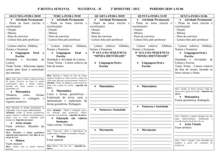 4ª ROTINA SEMANAL                       MATERNAL - II                    2º BIMESTRE / 2012                   PERÍODO 28/05 A 01/06

   SEGUNDA-FEIRA 28/05                         TERÇA-FEIRA 29/05             QUARTA-FEIRA 30/05               QUINTA-FEIRA 31/05              SEXTA-FEIRA 01/06
     Atividade Permanente                    Atividade Permanente           Atividade Permanente           Atividade Permanente           Atividade Permanente
- Pauta na lousa (escrita e              - Pauta na lousa (escrita e - Pauta na lousa (escrita e - Pauta na lousa (escrita e - Pauta na lousa (escrita e
socialização)                            socialização)                   socialização)                   socialização)                   socialização)
- Oração                                 - Oração                        - Oração                        - Oração                        - Oração
- Música                                 - Música                        - Música                        - Música                        - Música
- Hora da conversa                       - Hora da conversa              - Hora da conversa              - Hora da conversa              - Hora da conversa
- Leitura feita pelo professor:          - Leitura feita pelo professor: - Leitura feita pelo professor: - Leitura feita pelo professor: - Leitura feita pelo professor:
_____________________________            ______________________________            ______________________________             ______________________________       ____________________________
- Leitura coletiva: Alfabeto,            - Leitura coletiva: Alfabeto,             - Leitura coletiva: Alfabeto,              - Leitura coletiva: Alfabeto, - Leitura coletiva: Alfabeto,
Nomes e Numerais                         Nomes e Numerais                          Nomes e Numerais                           Nomes e Numerais              Nomes e Numerais
     Linguagem Oral e                         Linguagem       Oral      e          5ª AULA DA SEQUENCIA                       6ª AULA DA SEQUENCIA              Linguagem Oral e
         Escrita                                  Escrita                             “MINHA IDENTIDADE”                         “MINHA IDENTIDADE”                    Escrita
Oralidade e Atividade de                 Oralidade e Atividade de Leitura.                                                                                  Oralidade e Atividades de
Leitura.                                 Tema: Nome - Leitura coletiva da                             Linguagem Oral e            Linguagem Oral e        Leitura e Escrita.
Tema: Nome - Selecionar alguns           lista de nomes.                                               Escrita                       Escrita                Tema: Nome - Leitura coletiva
nomes para fazer a exploração            ___________________________                            ___________________________   ___________________________ da lista de nomes focando as
dos mesmos.                              ___________________________                            ___________________________   ___________________________ letras iniciais e finais.
__________________________                     Dica: Durante a leitura na lista de nomes ___________________________          ___________________________ __________________________
Dica: Antes ,fazer a leitura coletiva da lista explorar bastante as letras iniciais e finais de ___________________________   ___________________________ __________________________
de nomes. Escrever na lousa os nomes cada nome lido para posteriormente realizar a
selecionados, fazer a leitura coletiva, atividade: Pintar no alfabeto a letra inicial do ___________________________          ___________________________ __________________________
focando nas letras iniciais e finais, nome com o apoio do crachá - sugestão em
                                               anexo.
                                                                                                    Matemática                    Matemática              __________________________
quantidade etc.
                                                     Matemática                                ___________________________   ___________________________ Dica: Grafar as letras inicial e final do
       Matemática                                                                                                                                          nome com o apoio do crachá - Sugestão em
Números,             cores,         formas     Cores e formas geométricas - ___________________________                       ___________________________ anexo.
                                                                                                ___________________________   ___________________________         Matemática
geométricas e contagem e Exploração de novas cores e ___________________________                                              ___________________________ Forma geométrica: Retângulo
registro numérico.                             apresentação e exploração da
                                                                                                ___________________________   ___________________________ __________________________
__________________________ forma geométrica: Retângulo.                                         ___________________________        Natureza e Sociedade
Dica: Retomar as formas geométricas já ___________________________                                                                                          __________________________
exploradas. Usar os jogos emborrachados.       Dica: Atividade – Pintar o retângulo com a           Natureza e Sociedade     ___________________________ __________________________
Atividade: Contar as formas geométricas cor indicada pela professora. Depois ___________________________                      ___________________________ __________________________
iguais, registrar o numeral correspondente e contornar com barbante – sugestão em anexo.
                                                                                                ___________________________   ___________________________ Dica: Explorar a forma, fazendo uso dos
pintar com as cores indicadas pela                   Educação em valores
professora. Sugestão em anexo                                                                   ___________________________   ___________________________ jogos emborrachados, e da cor.
                                                                                                                                                            reconhecimento da forma
                                                                                                                                                                                     trabalhando o

       Artes visuais                                    humanos                                ___________________________   ___________________________
                                               Ação correta: Verdade                                                                                              Artes Visuais
Fazer artístico: Desenho de                                                                     ___________________________   ___________________________ Fazer artístico
                                               ___________________________
memória                                        Dica: Conversar sobre a importância de               Movimento                     Movimento               __________________________
Dica: Desenhar a forma geométrica sempre falar a verdade em qualquer situação.                  ___________________________   ___________________________ __________________________
sugerida pela professora, Usar lápis de cor
ou giz de cera.                                      Música                                    ___________________________   ___________________________ __________________________
       Música                                 Fazer musical                                    ___________________________   ___________________________ Dica: Fazer criações com massinha de
Fazer musical                                  __________________________                       ___________________________   ___________________________ modelar a partir dos comandos da
                                                                                                                                                            professora.
Dica: Cantar com os alunos músicas Dica: Música “Toc, Toc, Toc” - sugestão em                   ___________________________   ___________________________
diversas.                                anexo.
 
