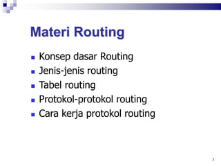 Materi Routing
 Konsep dasar Routing
 Jenis-jenis routing
 Tabel routing
 Protokol-protokol routing
 Cara kerja protokol routing
2
 