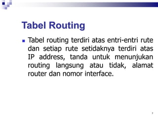 Tabel Routing
 Tabel routing terdiri atas entri-entri rute
dan setiap rute setidaknya terdiri atas
IP address, tanda untuk menunjukan
routing langsung atau tidak, alamat
router dan nomor interface.
7
 