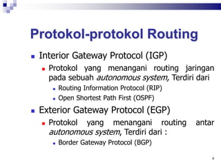 Protokol-protokol Routing
 Interior Gateway Protocol (IGP)
 Protokol yang menangani routing jaringan
pada sebuah autonomous system, Terdiri dari
 Routing Information Protocol (RIP)
 Open Shortest Path First (OSPF)
 Exterior Gateway Protocol (EGP)
 Protokol yang menangani routing antar
autonomous system, Terdiri dari :
 Border Gateway Protocol (BGP)
8
 