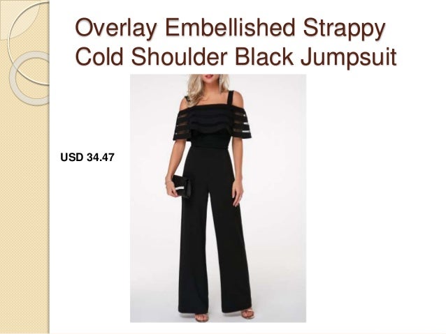 overlay embellished strappy cold shoulder black jumpsuit