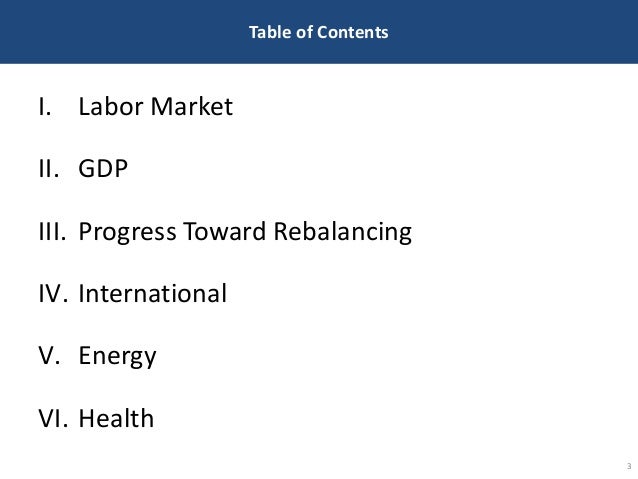 Table of Contents
3
I. Labor Market
II. GDP
III. Progress Toward Rebalancing
IV. International
V. Energy
VI. Health
 