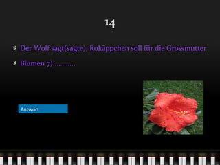 14
Der Wolf sagt(sagte), Rokäppchen soll für die Grossmutter
Blumen 7)............

Antwort

 