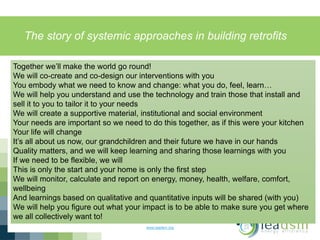 The story of systemic approaches in building retrofits
www.ieadsm.org
Together we’ll make the world go round!
We will co-create and co-design our interventions with you
You embody what we need to know and change: what you do, feel, learn…
We will help you understand and use the technology and train those that install and
sell it to you to tailor it to your needs
We will create a supportive material, institutional and social environment
Your needs are important so we need to do this together, as if this were your kitchen
Your life will change
It’s all about us now, our grandchildren and their future we have in our hands
Quality matters, and we will keep learning and sharing those learnings with you
If we need to be flexible, we will
This is only the start and your home is only the first step
We will monitor, calculate and report on energy, money, health, welfare, comfort,
wellbeing
And learnings based on qualitative and quantitative inputs will be shared (with you)
We will help you figure out what your impact is to be able to make sure you get where
we all collectively want to!
 
