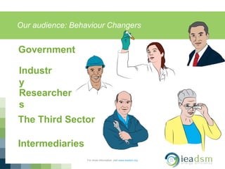 Our audience: Behaviour Changers
For more information, visit www.ieadsm.org
Government
Industr
y
Researcher
s
The Third Sector
Intermediaries
 