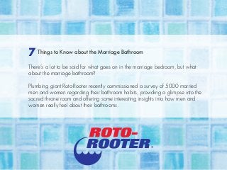 7 Things to Know about the Marriage Bathroom
There’s a lot to be said for what goes on in the marriage bedroom, but what
about the marriage bathroom?
Plumbing giant Roto-Rooter recently commissioned a survey of 5000 married
men and women regarding their bathroom habits, providing a glimpse into the
sacred throne room and offering some interesting insights into how men and
women really feel about their bathrooms.

 