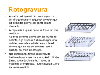 Rotogravura A matriz de impressão é formada por um cilindro que contém pequenos alvéolos que são gravados através da ponta de um diamante. A impressão é quase como se fosse em tom contínuo. As áreas cavadas da imagem são inundadas de tinta, cujo excesso é eliminado por uma raclete, colocada imediatamente antes do cilindro, que se põe em contacto  com o suporte, por meio de pressão. Nos últimos anos têm se desenvolvido bastante tanto a fase da gravação do cilindro (lazer; ponta do diamante...) como as máquinas de impressão, (automatização...) ou até mesmo a tinta. 