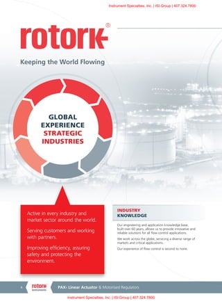 PAX1 Linear Actuator & Motorised Regulators4
Active in every industry and
market sector around the world.
Serving customers and working
with partners.
Improving efficiency, assuring
safety and protecting the
environment.
GLOBAL
EXPERIENCE
STRATEGIC
INDUSTRIES
INDUSTRY
KNOWLEDGE
Our engineering and application knowledge base,
built over 60 years, allows us to provide innovative and
reliable solutions for all flow control applications.
We work across the globe, servicing a diverse range of
markets and critical applications.
Our experience of flow control is second to none.
Keeping the World Flowing
Instrument Specialties, Inc. | ISI.Group | 407.324.7800
Instrument Specialties, Inc. | ISI.Group | 407.324.7800
 