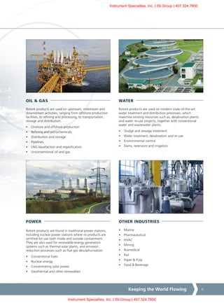 Keeping the World Flowing 5
OTHER INDUSTRIES
•	 Marine
•	 Pharmaceutical
•	 HVAC
•	 Mining
•	 Biomedical
•	 Rail
•	 Paper & Pulp
•	 Food & Beverage
WATER
Rotork products are used on modern state-of-the-art
water treatment and distribution processes, which
maximise existing resources such as, desalination plants
and water re-use projects, together with conventional
water and wastewater plants.
•	 Sludge and sewage treatment
•	 Water treatment, desalination and re-use
•	 Environmental control
•	 Dams, reservoirs and irrigation
OIL & GAS
Rotork products are used on upstream, midstream and
downstream activities, ranging from offshore production
facilities, to refining and processing, to transportation,
storage and distribution.
•	 Onshore and offshore production
•	 Refining and petrochemicals
•	 Distribution and storage
•	 Pipelines
•	 LNG liquefaction and regasification
•	 Unconventional oil and gas
POWER
Rotork products are found in traditional power stations,
including nuclear power stations where its products are
certified for use both inside and outside containment.
They are also used for renewable energy generation
systems such as thermal solar plants, and emission
reduction processes such as flue gas desulphurisation.
•	 Conventional fuels
•	 Nuclear energy
•	 Concentrating solar power
•	 Geothermal and other renewables
Instrument Specialties, Inc. | ISI.Group | 407.324.7800
Instrument Specialties, Inc. | ISI.Group | 407.324.7800
 