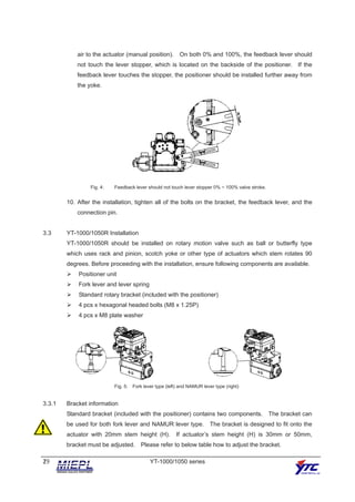 2
19 YT-1000/1050 series
air to the actuator (manual position). On both 0% and 100%, the feedback lever should
not touch t...
