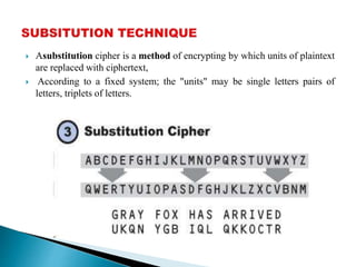 ? Asubstitution cipher is a method of encrypting by which units of plaintext
are replaced with ciphertext,
? According to a fixed system; the "units" may be single letters pairs of
letters, triplets of letters.
 