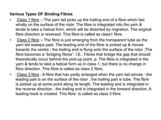 Various Types OF Binding Fibres
• Class 1 fibre :- The yarn tail picks up the trailing end of a fibre which lies
wholly on the surface of the rotor. The fibre is integrated into the yarn &
tends to take a helical form, which will be distorted by migration. The original
fibre direction is reversed. This fibre is called as class1 fibre.
• Class 2 fibre :- The fibre is just emerging from the transparent tube as the
yarn tail sweeps past. The leading end of the fibre is picked up & moves
towards the centre ; the trailing end is flung onto the surface of the rotor ;The
fibre becomes a “bridging fibres”. I.E., Fibres that bridge the gap that should
theoretically occur behind the pick-up point, p. The fibre is integrated in the
yarn & tends to take a helical form as in class 1, but there is no change in
fibre direction. This fibre is called as class 2 fibre.
• Class 3 fibre : A fibre that has partly emerged when the yarn tail arrives : the
leading part is on the surface of the rotor ; the trailing part is tube. The fibre
is picked up at some point along its length. The leading end is integrated in
the reverse direction . the trailing end is integrated in the forward direction. A
leading hook is created. This fibre is called as class 3 fibre.
 
