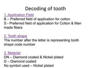 Decoding of tooth
1. Application Field
B – Preferred field of application for cotton
S - Preferred field of application for Cotton & Man
made fibers
2. Tooth shape
The number after the letter is representing tooth
shape code number
3. Material
DN – Diamond coated & Nickel plated
D – Diamond coated
No symbol used – Nickel plated
 