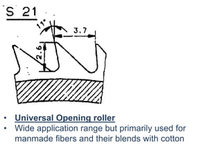 • Universal Opening roller
• Wide application range but primarily used for
manmade fibers and their blends with cotton
 