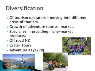  Of tourism operators – moving into different
areas of tourism.
 Growth of adventure tourism market.
 Specialise in providing niche-market
products.
 Off road NZ
 Crater Tours
 Adventure Kayaking
 