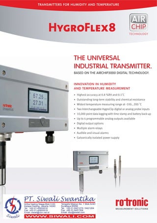 TRANSMITTERS FOR HUMIDITY AND TEMPERATURE
THE UNIVERSAL
INDUSTRIAL TRANSMITTER.
BASED ON THE AIRCHIP3000 DIGITAL TECHNOLOGY.
INNOVATION IN HUMIDITY
AND TEMPERATURE MEASUREMENT
 