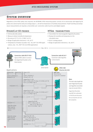 AT E X ME A SURING S YST EM

System overview
Regardless of the ATEX safety class required, the ROTRONIC ATEX measuring system consists of an intrinsically safe HygroClip EX
probe and a Zener barrier (only one analog output 4...20 mA for temperature or humidity measurement). If both humidity and temperature measurements are required, a transmitter and connection cable must be used (digital signal).

HygroClip EX probes

HTSxx transmitters

• Intrinsically Safe probes

• Transmitters for interchangeable HygroClip EX probes

• Measure relative humidity & temperature

• Display the humidity and temperature or the

• Accuracy at 23 °C ±5 K: ±1 %RH / ±0.3 K

calculated value

• Range of application electronics: -40…40 °C

• Up to 3 analog outputs

• Temperature of medium at probe: max. -40…80 °C for ATEX appli-

• Range of application electronics: -40…60 °C

cations, max. -50…200 °C for non-ATEX applications
Max. 200 m

Connection cable XX ET-7018

Connection cable AC1617

Special ATEX cable to connect

Connection cable HygroFlex

the HygroClip EX probe to the

to Zener barrier

Zener barrier

Zener barrier

Applications
Zone 0/20 Zone 1/21
T5
T6
Class ll, Division 1
Group E, F, G

ATEX 2180
Directive 94/9/EC

Zone 1/21
T6
Class l, Division 1
Group A, B, C, D
HygroClip IC-1-EX
ll 1 G EEx ia llC T5 resp. ll 2 G EEx ia lC T6
II 1/2 D IP6X T 80 °C

Safe zone
Zener barrier
or galvanic isolation
Note:
The total cable length between HygroClip EX probe
and HygroFlex transmitter
may not exceed 200 m.

HygroClip IE-1-EX
ll 1 G EEx ia llC T5 resp. ll 2 G EEx ia lC T
II 1/2 D IP6X T 80 °C

HygroClip EX probes
may NOT be calibrated
in the EX zone because
the accessories are not
EX-compliant.

Only the sinter
ﬁlter may be
used in zone
20/21

Only the sinter
ﬁlter may be
used in zone
21

18

HygroClip ID-EX
ll 1 G EEx ia llC T5
resp. ll 2 G EEx ia lC T
II 1/2 D IP6X T 80 °C

HygroClip IW-1-EX
ll 1 G EEx ia llC T5
resp. ll 2 G EEx ia lC T6
II 2D IP6X T 80 °C

 