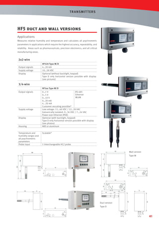 T R ANSMIT T ERS

HF5 duct and wall versions
Applications
Measures relative humidity and temperature and calculates all psychrometric
parameters in applications which require the highest accuracy, repeatablity, and
relability. Areas such as pharmaceuticals, precision electronics, and all critical
manufacturing areas.

2x2-wire
HF520 Type W/D
4…20 mA
10…28 VDC
Optional (without backlight, keypad)
Type D only horizontal version possible with display
(see pictures)

Output signals
Supply voltage
Display

3/4-wire
HF5xx Type W/D
Output signals

0…1 V
RS-485
Ethernet
0…5 V
WLAN
0…10 V
0…20 mA
4...20 mA
Customer rescaling possible*
Low voltage: 15…40 VDC / 12…28 VAC
Galvanically isolated: 9…36 VDC / 7…24 VAC
Power over Ethernet (POE)
Optional (with backlight, keypad)
Type D only horizontal version possible with display
(see photos)
ABS or aluminum

Supply voltage

Display

Housing

Scalable*

Temperature and
humidity ranges and
all psychrometric
parameters
Probe input

1 interchangeable HC2 probe
Wall version

160

160

110

25

210

100

Type W

25

25

61

30

100

61

Duct version
Type D

160
30

25

25

61

235

41

 