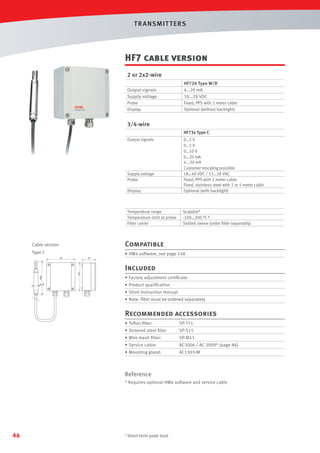 T R ANSMIT T ERS

HF7 cable version
2 or 2x2-wire
Output signals
Supply voltage
Probe
Display

HF720 Type W/D
4…20 mA
10…28 VDC
Fixed, PPS with 2 meter cable
Optional (without backlight)

3/4-wire
HF73x Type C
Output signals

Display

0…1 V
0…5 V
0…10 V
0…20 mA
4...20 mA
Customer rescaling possible
18…40 VDC / 13…28 VAC
Fixed, PPS with 2 meter cable
Fixed, stainless steel with 2 or 5 meter cable
Optional (with backlight)

Temperature range
Temperature limit at probe
Filter carrier

Scalable*
-100…200 °C 1
Slotted sleeve (order ﬁlter separately)

Supply voltage
Probe

Cable version

Compatible

Type C

• HW4 software, see page 148

Included
• Factory adjustment certiﬁcate
• Product qualiﬁcation
• Short instruction manual
• Note: ﬁlter must be ordered separately

Recommended accessories
• Teﬂon ﬁlter:

SP-T15

• Sintered steel ﬁlter

SP-S15

• Wire mesh ﬁlter:

SP-M15

• Service cable:

AC3006 / AC 3009* (page 86)

• Mounting gland:

AC1303-M

Reference
* Requires optional HW4 software and service cable

46

1 Short-term

peak load

 