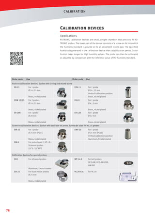 C ALIBR AT ION

Calibration devices
Applications
ROTRONIC calibration devices are small, airtight chambers that precisely fit ROTRONIC probes. The lower part of the device consists of a screw-on lid into which
the humidity standard is poured on to an absorbent textile pad. The specified
humidity is generated in the calibration device after a stabilization period. Stabilization takes longer for high humidity values. The probe can then be calibrated
or adjusted by comparison with the reference value of the humidity standard.

Order code

Use

Order code

Use

Push-on calibration devices. Gasket with O-ring and thumb screw
ER-15

For 1 probe
Ø 14…15 mm

ERV-15

For 1 probe
Ø 14…15 mm
Vertical calibration position
Brass, nickel-plated

ER-05

For 1 probe
Ø 4…5 mm

Brass, nickel-plated
EDM 15/15

ER-20K

For 2 probes
Ø 14…15 mm
Brass, nickel-plated
For 1 probe
Ø 20 mm

ER-12K

Brass, nickel-plated

Brass, nickel-plated
For 1 probe
Ø 12 mm
Brass, nickel-plated

Screw-on calibration devices. Gasket with seal face on probe. Cannot be used for HC2-S probes
EM-25

EM-G

For 1 probe
Ø 25 mm (PG11)

EMV-25

For 1 probe
Ø 25 mm (PG11)
Vertical calibration position
Aluminum, Ematal-coated

Brass, nickel-plated
For probe types E, HP…IE…
Screw-on probes
(½ G / ½ NPT)

Calibration devices for special probes
EGS

For all sword probes

WP-14-S

For bell probes:
HC2-AW, HC2-AW-USB,
AW-DIO

EIx-25

Aluminum, Ematal-coated
For ﬂush mount probes
Ø 25 mm

HL-20-CAL

For HL-20

Brass, nickel-plated

78

 