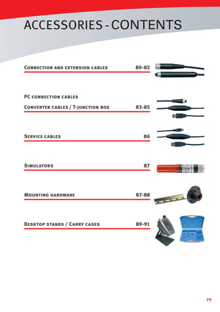 ACCESSORIES - CONTENTS

Connection and extension cables

80-82

PC connection cables
Converter cables / T-junction box

83-85

Service cables

86

Simulators

87

Mounting hardware

87-88

Desktop stands / Carry cases

89-91

79

 