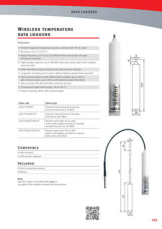 DATA LOGGERS

Wireless temperature
data loggers
Features
• Pt1000 integrated temperature probe or remote with 30 cm cable
• Accuracy: ±0.2 °C at 23 °C

4
6

• Radio frequency: 433.92 or 915 MHz for best penetration through
brickwork and walls
• High storage capacity: up to 500,000 measured values with serial number,
time and date
• Flash memory for data security in the case of power failures
• Long-term recording up to 6 years without battery replacement possible

137

• Transmission distance with USB wireless adapter: up to 100 m
with internal probe, up to 300 m with external probe (free ﬁeld)
• Data security: PIN (for activation and data access)
• Temperature application range: -40 to +85 °C
• Plastic housing, white, IP68 (submersible)

Order code

Device type

LOG-PT1000-RC

Stainless steel sensor tip at housing
standard version (433.92 MHz)

LOG-PT1000-RC-US

Stainless steel sensor tip at housing
USA version (915 MHz)

LOG-PT1000-ET030-RC

Remote sensor with 30 cm cable
(other cable lengths available on request)
standard version (433.92 MHz)

LOG-PT1000-30-RC-US

Remote sensor with 30 cm cable
(other cable lengths available on request)
USA version (915 MHz)

20

40

6

Compatible
• LAN interface
• USB wireless adapter

• Short instruction manual
• Battery

431

Included

131

Note:
See the chapter «Humidity data loggers»
on page 62 for suitable receivers and accessories.

20

103

 