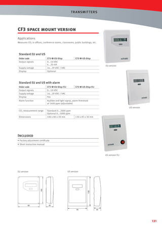 T R ANSMIT T ERS

CF3 space mount version
Applications
Measures CO2 in ofﬁces, conference rooms, classrooms, public buildings, etc.

Standard EU and US
Order code
Output signals

CF3-W-EU-Disp
0...10 VDC
4...20 mA
16...29 VDC / VAC
Optional

Supply voltage
Display

CF3-W-US-Disp
EU version

Standard EU and US with alarm
Order code
Output signals
Supply voltage
Display

CF3-W-EU-Disp-FLI
0...10 VDC
16...29 VDC / VAC
Yes

CF3-W-US-Disp-FLI

Alarm function

Audible and light signal, alarm threshold
at 1400 ppm (adjustable)

CO2 measurement range

Standard 0...2000 ppm
Optional 0...5000 ppm
100 x 80 x 28 mm

US version

Dimensions

130 x 85 x 30 mm

Included
• Factory adjustment certiﬁcate
• Short instruction manual

US version FLI

US version

80

80

130

100

100

EU version

28

28

85

30

131

 