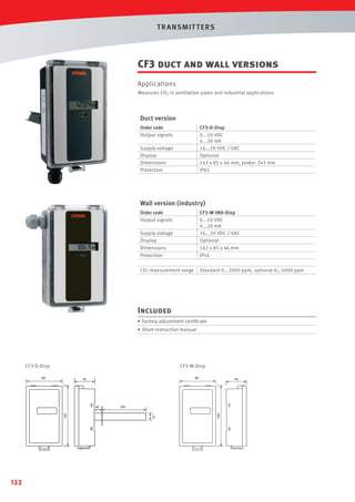 T R ANSMIT T ERS

CF3 duct and wall versions
Applications
Measures CO2 in ventilation pipes and industrial applications

Duct version
Order code
Output signals

CF3-D-Disp
0...10 VDC
4...20 mA
16...29 VDC / VAC
Optional
142 x 85 x 46 mm, probe: 245 mm
IP65

Supply voltage
Display
Dimensions
Protection

Wall version (industry)
Order code
Output signals
Supply voltage
Display
Dimensions
Protection

CF3-W-IND-Disp
0...10 VDC
4...20 mA
16...29 VDC / VAC
Optional
142 x 85 x 46 mm
IP54

CO2 measurement range

Standard 0...2000 ppm, optional 0...5000 ppm

Included
• Factory adjustment certiﬁcate
• Short instruction manual

CF3-D-Disp

CF3-W-Disp
85

46

132

205
21

142

40

46

142

85

 