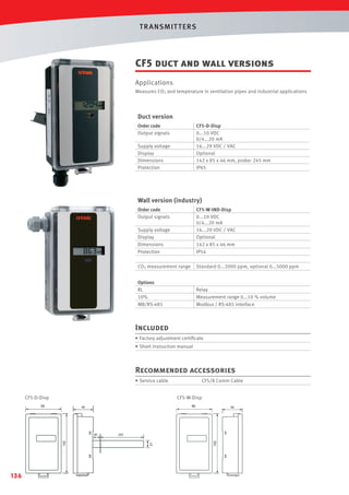 T R ANSMIT T ERS

CF5 duct and wall versions
Applications
Measures CO2 and temperature in ventilation pipes and industrial applications

Duct version
Order code
Output signals

CF5-D-Disp
0...10 VDC
0/4...20 mA
16...29 VDC / VAC
Optional
142 x 85 x 46 mm, probe: 245 mm
IP65

Supply voltage
Display
Dimensions
Protection

Wall version (industry)
Order code
Output signals
Supply voltage
Display
Dimensions
Protection

CF5-W-IND-Disp
0...10 VDC
0/4...20 mA
16...29 VDC / VAC
Optional
142 x 85 x 46 mm
IP54

CO2 measurement range

Standard 0...2000 ppm, optional 0...5000 ppm

Options
RL
10%
MB/RS-485

Relay
Measurement range 0...10 % volume
Modbus / RS-485 interface

Included
• Factory adjustment certiﬁcate
• Short instruction manual

Recommended accessories
• Service cable
CF5-D-Disp

CF5-W-Disp
85

46

205
21

142

40

46

142

85

136

CF5/8 Comm Cable

 