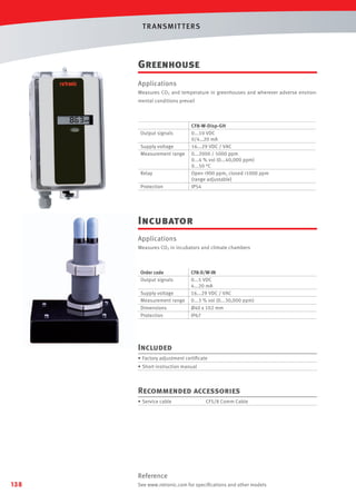T R ANSMIT T ERS

Greenhouse
Applications
Measures CO2 and temperature in greenhouses and wherever adverse environmental conditions prevail

Output signals
Supply voltage
Measurement range

Relay
Protection

CF8-W-Disp-GH
0...10 VDC
0/4…20 mA
16...29 VDC / VAC
0...2000 / 5000 ppm
0...4 % vol (0...40,000 ppm)
0...50 °C
Open 900 ppm, closed 1000 ppm
(range adjustable)
IP54

Incubator
Applications
Measures CO2 in incubators and climate chambers

Order code
Output signals
Supply voltage
Measurement range
Dimensions
Protection

CF8-D/W-IN
0...5 VDC
4...20 mA
16...29 VDC / VAC
0...3 % vol (0...30,000 ppm)
Ø40 x 102 mm
IP67

Included
• Factory adjustment certiﬁcate
• Short instruction manual

Recommended accessories
• Service cable

CF5/8 Comm Cable

Reference
138

See www.rotronic.com for speciﬁcations and other models

 