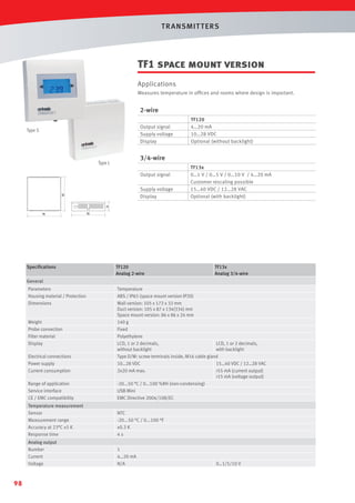 T R ANSMIT T ERS

TF1 space mount version
Applications
Measures temperature in ofﬁces and rooms where design is important.

2-wire
Output signal
Supply voltage
Display

Type S

TF120
4…20 mA
10…28 VDC
Optional (without backlight)

3/4-wire

86

Type L

Output signal
Supply voltage
Display
24

86

86

TF13x
0…1 V / 0…5 V / 0…10 V / 4…20 mA
Customer rescaling possible
15…40 VDC / 12…28 VAC
Optional (with backlight)

86

24

86

86

Speciﬁcations

TF120
Analog 2-wire

TF13x
Analog 3/4-wire

General
Parameters
Housing material / Protection
Dimensions

Range of application
Service interface
CE / EMC compatibility

Temperature
ABS / IP65 (space mount version IP20)
Wall version: 105 x 172 x 32 mm
Duct version: 105 x 87 x 134(334) mm
Space mount version: 86 x 86 x 24 mm
140 g
Fixed
Polyethylene
LCD, 1 or 2 decimals,
LCD, 1 or 2 decimals,
without backlight
with backlight
Type D/W: screw terminals inside, M16 cable gland
10…28 VDC
15…40 VDC / 12…28 VAC
2x20 mA max.
<55 mA (current output)
<15 mA (voltage output)
-20...50 °C / 0...100 %RH (non-condensing)
USB Mini
EMC Directive 2004/108/EC

Temperature measurement
Sensor
Measurement range
Accuracy at 23°C ±5 K
Response time

NTC
-20...50 °C / 0...100 °F
±0.3 K
4s

Analog output
Number
Current
Voltage

1
4…20 mA
N/A

Weight
Probe connection
Filter material
Display
Electrical connections
Power supply
Current consumption

98

0…1/5/10 V

 