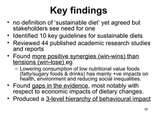 1818
Key findings
• no definition of ‘sustainable diet’ yet agreed but
stakeholders see need for one
• Identified 10 key guidelines for sustainable diets
• Reviewed 44 published academic research studies
and reports
• Found more positive synergies (win-wins) than
tensions (win-lose) eg
– Lowering consumption of low nutritional value foods
(fatty/sugary foods & drinks) has mainly +ve impacts on
health, environment and reducing social inequalities.
• Found gaps in the evidence, most notably with
respect to economic impacts of dietary changes.
• Produced a 3-level hierarchy of behavioural impact
 