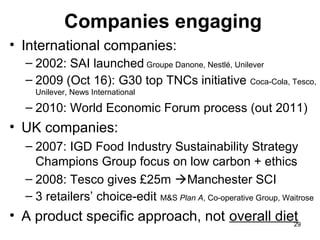 29
Companies engaging
• International companies:
– 2002: SAI launched Groupe Danone, Nestlé, Unilever
– 2009 (Oct 16): G30 top TNCs initiative Coca-Cola, Tesco,
Unilever, News International
– 2010: World Economic Forum process (out 2011)
• UK companies:
– 2007: IGD Food Industry Sustainability Strategy
Champions Group focus on low carbon + ethics
– 2008: Tesco gives £25m Manchester SCI
– 3 retailers’ choice-edit M&S Plan A, Co-operative Group, Waitrose
• A product specific approach, not overall diet
 