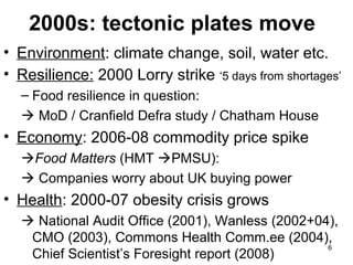2000s: tectonic plates move
• Environment: climate change, soil, water etc.
• Resilience: 2000 Lorry strike ‘5 days from shortages’
– Food resilience in question:
 MoD / Cranfield Defra study / Chatham House
• Economy: 2006-08 commodity price spike
Food Matters (HMT PMSU):
 Companies worry about UK buying power
• Health: 2000-07 obesity crisis grows
 National Audit Office (2001), Wanless (2002+04),
CMO (2003), Commons Health Comm.ee (2004),
Chief Scientist’s Foresight report (2008)
6
 