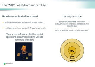 The ‘WHY’: ABN Amro roots: 1824
Nederlandsche Handel-Maatschappij
 In 1824 opgericht op initiatief van koning Willem I
 Het hogere doel was dat de NHM zou fungeren als:
“Een grote hefboom, strekkende tot
opbeuring en aanmoediging van de
nationale welvaart"
The ‘why’ voor GGN
„Zonder deurwaarders en incasso
bedrijven zouden financiële transacties niet
mogelijk zijn‟
GGN is „enabler van economisch verkeer‟
 