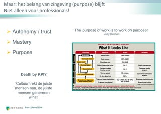 Maar: het belang van zingeving (purpose) blijft
Niet alleen voor professionals!
 Autonomy / trust
 Mastery
 Purpose
Bron : Daniel Pink
„The purpose of work is to work on purpose!‟
Joey Reiman
Death by KPI?
„Cultuur trekt de juiste
mensen aan, de juiste
mensen genereren
winst‟
 