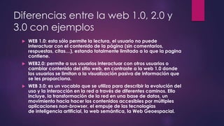Diferencias entre la web 1.0, 2.0 y
3.0 con ejemplos
 WEB 1.0: esta sólo permite la lectura, el usuario no puede
interactuar con el contenido de la página (sin comentarios,
respuestas, citas…), estando totalmente limitado a lo que la pagina
contiene.
 WEB2.0: permite a sus usuarios interactuar con otros usuarios o
cambiar contenido del sitio web, en contraste a la web 1.0 donde
los usuarios se limitan a la visualización pasiva de información que
se les proporciona.
 WEB 3.0: es un vocablo que se utiliza para describir la evolución del
uso y la interacción en la red a través de diferentes caminos. Ello
incluye, la transformación de la red en una base de datos, un
movimiento hacia hacer los contenidos accesibles por múltiples
aplicaciones non-browser, el empuje de las tecnologías
de inteligencia artificial, la web semántica, la Web Geoespacial.
 