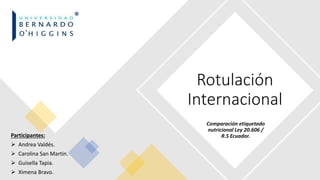 Rotulación
Internacional
Comparación etiquetado
nutricional Ley 20.606 /
R.S Ecuador.
Participantes:
 Andrea Valdés.
 Carolina San Martin.
 Guisella Tapia.
 Ximena Bravo.
 