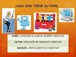 CADA UNO TIENE SU PAPEL
RUBÉN: ATENCIÓN AL CLIENTE, DISEÑO Y MONTAJE
VICTOR: EJECUCIÓN DE TRABAJOS Y MONTAJE
MANOLÍN: APOYO LOGÍSTICO Y MONTAJE
 