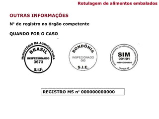 N° de registro no órgão competente
QUANDO FOR O CASO
REGISTRO MS n° 000000000000
OUTRAS INFORMAÇÕES
Rotulagem de alimentos embalados
 