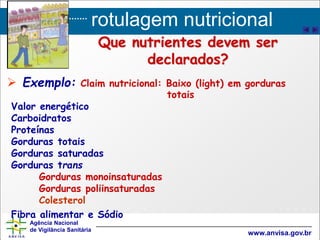 rotulagem nutricional
Agência Nacional
de Vigilância Sanitária
www.anvisa.gov.br
Que nutrientes devem ser
declarados?
 Exemplo: Claim nutricional: Baixo (light) em gorduras
totais
Valor energético
Carboidratos
Proteínas
Gorduras totais
Gorduras saturadas
Gorduras trans
Gorduras monoinsaturadas
Gorduras poliinsaturadas
Colesterol
Fibra alimentar e Sódio
 