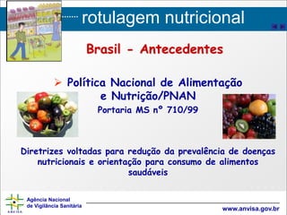 rotulagem nutricional
Agência Nacional
de Vigilância Sanitária
www.anvisa.gov.br
 Política Nacional de Alimentação
e Nutrição/PNAN
Portaria MS nº 710/99
Diretrizes voltadas para redução da prevalência de doenças
nutricionais e orientação para consumo de alimentos
saudáveis
Brasil - Antecedentes
 