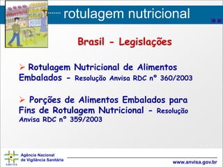 rotulagem nutricional
Agência Nacional
de Vigilância Sanitária
www.anvisa.gov.br
 Rotulagem Nutricional de Alimentos
Embalados - Resolução Anvisa RDC nº 360/2003
 Porções de Alimentos Embalados para
Fins de Rotulagem Nutricional - Resolução
Anvisa RDC nº 359/2003
Brasil - Legislações
 