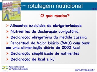 rotulagem nutricional
Agência Nacional
de Vigilância Sanitária
www.anvisa.gov.br
 Alimentos excluídos da obrigatoriedade
 Nutrientes de declaração obrigatória
 Declaração obrigatória da medida caseira
 Percentual de Valor Diário (%VD) com base
em uma alimentação diária de 2000 kcal
 Declaração simplificada de nutrientes
 Declaração de kcal e kJ
O que mudou?
 