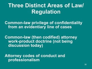 Three Distinct Areas of Law/ Regulation <ul><li>Common-law privilege of confidentiality from an evidentiary line of cases ...