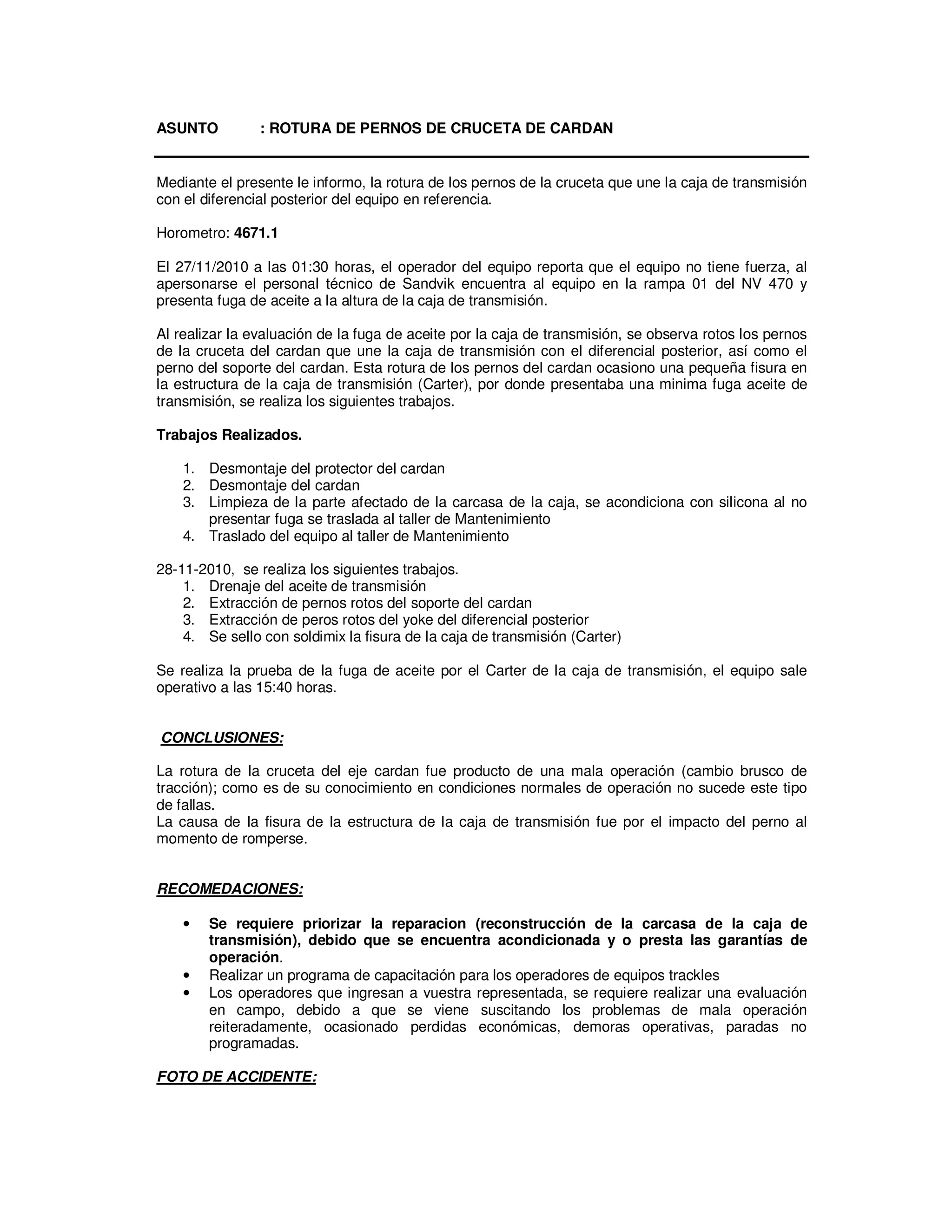 Rotura de perno de cruceta del cardan y daño a la caja de transmision | PDF