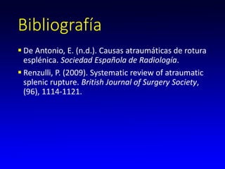 Bibliografía
De Antonio, E. (n.d.). Causas atraumáticas de rotura
esplénica. Sociedad Española de Radiología.
Renzulli, P. (2009). Systematic review of atraumatic
splenic rupture. British Journal of Surgery Society,
(96), 1114-1121.