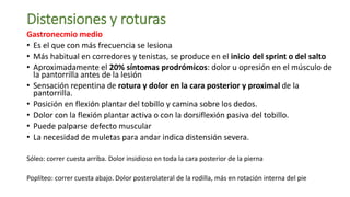Distensiones y roturas
Gastronecmio medio
• Es el que con más frecuencia se lesiona
• Más habitual en corredores y tenistas, se produce en el inicio del sprint o del salto
• Aproximadamente el 20% síntomas prodrómicos: dolor u opresión en el músculo de
la pantorrilla antes de la lesión
• Sensación repentina de rotura y dolor en la cara posterior y proximal de la
pantorrilla.
• Posición en flexión plantar del tobillo y camina sobre los dedos.
• Dolor con la flexión plantar activa o con la dorsiflexión pasiva del tobillo.
• Puede palparse defecto muscular
• La necesidad de muletas para andar indica distensión severa.
Sóleo: correr cuesta arriba. Dolor insidioso en toda la cara posterior de la pierna
Poplíteo: correr cuesta abajo. Dolor posterolateral de la rodilla, más en rotación interna del pie
 