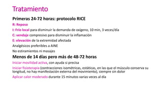 Tratamiento
Primeras 24-72 horas: protocolo RICE
R: Reposo
I: Frío local para disminuir la demanda de oxígeno, 10 min, 3 veces/día
C: vendaje compresivo para disminuir la inflamación
E: elevación de la extremidad afectada
Analgésicos preferibles a AINE
No estiramientos ni masajes
Menos de 14 días pero más de 48-72 horas
Iniciar movilidad activa, con ayuda si precisa
Iniciar fisioterapia (contracciones isométricas, estáticas, en las que el músculo conserva su
longitud, no hay manifestación externa del movimiento), siempre sin dolor
Aplicar calor moderado durante 15 minutos varias veces al día
 