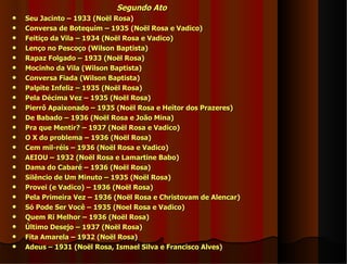 Segundo Ato
   Seu Jacinto – 1933 (Noël Rosa)
   Conversa de Botequim – 1935 (Noël Rosa e Vadico)
   Feitiço da Vila – 1934 (Noël Rosa e Vadico)
   Lenço no Pescoço (Wilson Baptista)
   Rapaz Folgado – 1933 (Noël Rosa)
   Mocinho da Vila (Wilson Baptista)
   Conversa Fiada (Wilson Baptista)
   Palpite Infeliz – 1935 (Noël Rosa)
   Pela Décima Vez – 1935 (Noël Rosa)
   Pierrô Apaixonado – 1935 (Noël Rosa e Heitor dos Prazeres)
   De Babado – 1936 (Noël Rosa e João Mina)
   Pra que Mentir? – 1937 (Noël Rosa e Vadico)
   O X do problema – 1936 (Noël Rosa)
   Cem mil-réis – 1936 (Noël Rosa e Vadico)
   AEIOU – 1932 (Noël Rosa e Lamartine Babo)
   Dama do Cabaré – 1936 (Noël Rosa)
   Silêncio de Um Minuto – 1935 (Noël Rosa)
   Provei (e Vadico) – 1936 (Noël Rosa)
   Pela Primeira Vez – 1936 (Noël Rosa e Christovam de Alencar)
   Só Pode Ser Você – 1935 (Noel Rosa e Vadico)
   Quem Ri Melhor – 1936 (Noël Rosa)
   Último Desejo – 1937 (Noël Rosa)
   Fita Amarela – 1932 (Noël Rosa)
   Adeus – 1931 (Noël Rosa, Ismael Silva e Francisco Alves)
 